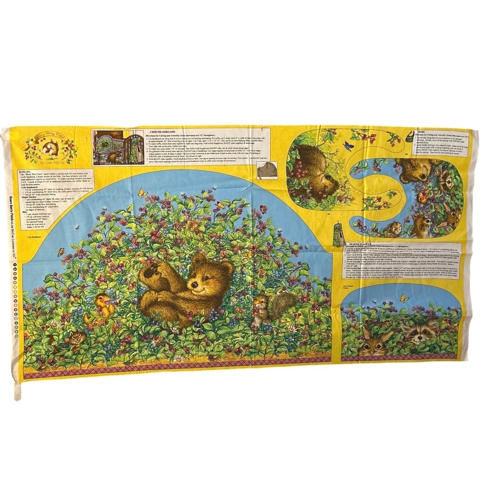 Vintage Lisa McCue Beary Berry Patch Fabric Panel Nursery Cottagecore Woodland